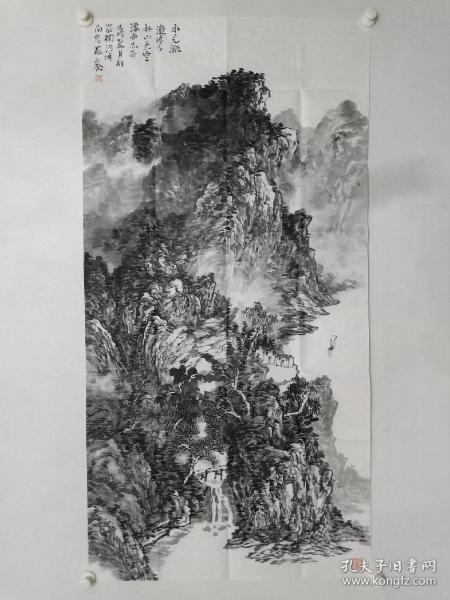 保真书画，当代山水画名家，孟占京四尺整纸山水画一幅136.5×69cm，孟占京，生于北京，现为中国美术家协会会员，师承著名画家程振国、龙瑞先生。荣宝斋山水画精英班学术主持，荣宝斋画院特聘画家。