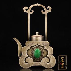 仿古铜器铜酒壶全铜纯手工镶嵌宝石白铜提梁壶八宝铜壶茶水壶