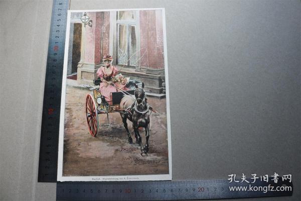 【百元包邮】套色木刻版画《贵妇和马车》（Dog Cart） 1895年  木刻版画 尺寸如图所示（货号401257）