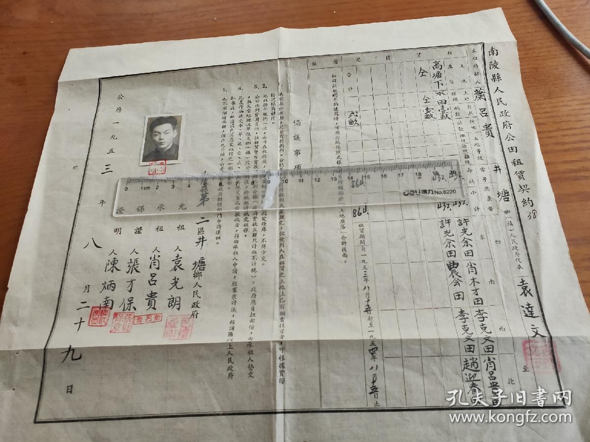 1953年安徽省芜湖市南陵县人民政府公田租赁契约【南陵县第二区井塘乡人民政府】黑白老照片