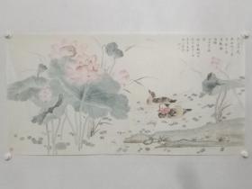 保真书画，张芮绮，四尺整纸精美工笔花鸟画佳作一幅66×130cm。张晶霄（别名张芮绮）法名耀绮，斋号：三日斋 、三省斋、青莲居、耕香园，大骞书画研习社导师，清华美院高研班助理老师，河北省美术家协会会员，河北省女画家学会理事，衡水市美术家协会事，衡水民盟美术院理事，衡水市女书法家协会副主席，河北省中国画研究会会员，衡水市冀州区政协委员。