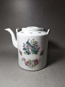 沈永生作粉彩花鸟印花茶壶