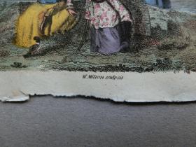 【百元包邮】《圆明园里的皇长子及其妻子和侍从》1813年 中国题材 铜版画 手工上色 纸张尺寸约17.5×9.8厘米 （货号JP0021）