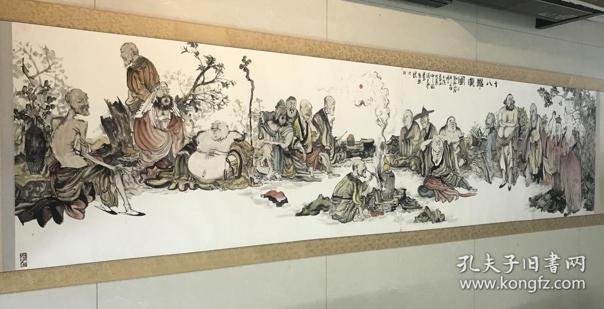 重磅收藏！中美协会员崔玉滨五米长卷《十八罗汉图》精品！樟木盒子。