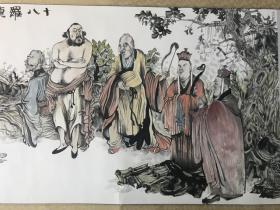 重磅收藏！中美协会员崔玉滨五米长卷《十八罗汉图》精品！樟木盒子。