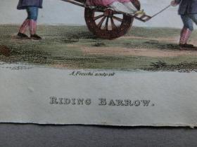 【百元包邮】《坐独轮车的女子》1813年 中国题材 铜版画 手工上色 纸张尺寸约17.5×9.8厘米