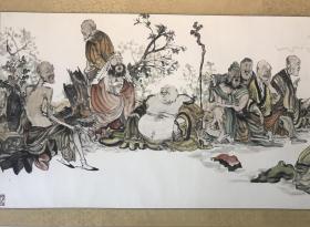 重磅收藏！中美协会员崔玉滨五米长卷《十八罗汉图》精品！樟木盒子。