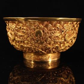 珍藏乡下收老纯铜纯手工打造雕刻盘龙鎏真金碗