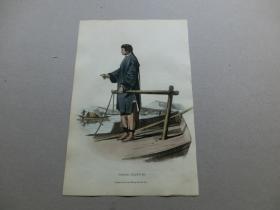 【百元包邮】《船家女人》1814年 中国题材 铜版画 手工上色 纸张尺寸约23.2×15.5厘米