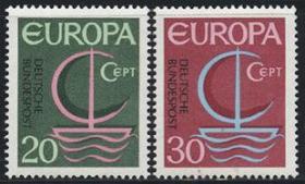 德国邮票G，1966年欧罗巴，帆船，2全