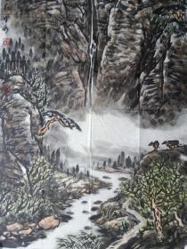 保真书画，陕西著名画家，梁耘山水画《山泉有声》一幅