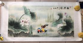 相伴图 工笔手绘作品 鸳鸯荷花  尺寸159*79厘米，画心尺寸130*64厘米