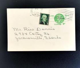 美国早期邮资片实寄加贴邮票