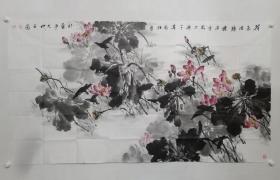 保真书画，山东名家，孙兆武六尺整纸花鸟画《荷气满堂发清香》一幅96×178cm，孙兆伍(武)1963年生，山东淄博人，中国美术家协会会员，中国刻瓷绘画艺术研究院副院长，中国徐悲鸿国画院花鸟画创作室主任。获奖及入选作品，入选中国美协主办“中国当代花鸟画大展”，入选中国陶都中国“吴冠中艺术馆”第二届全国中国画作品展，入选“万年浦江”全国中国画作品展，首届“八大山人”全国花鸟画展。