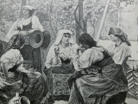 【百元包邮】《井边上的女人们》（Am Brunnen） 1895年   木刻版画   纸张尺寸约41×28厘米 （货号M500508）