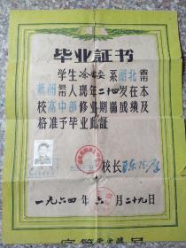 湖北省新洲仓埠中学毕业证书（1964年）