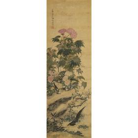 日本著名画家 山本梅逸《花鸟》绘画一幅