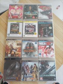 正版索尼PS3游戏碟，GOD OF WAR＋GENJI神威奏乱＋gatherine ＋killzone2＋ninja gaiden3 ＋winning eleven2010＋killzone,3＋reckoning ＋nba 2k11＋metal gear rising ＋战国basaea3＋uncharted3（共12盒CD）