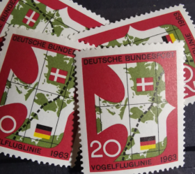 德国邮票ZA9，1963年与哥本哈根最短交通线开通，1全，地图、国旗