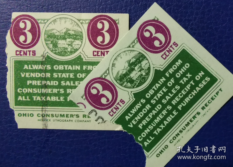 美国古典时期税票，俄亥俄州早期预付销售税3美分，农业类，1枚价