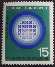 德国邮票ZA9，1964年诺贝尔化学奖获得者哈恩创立原子核裂变理论