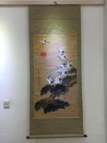 日本回流书画字画石桌国画《松鹤朝阳》245