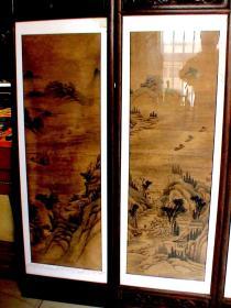 清代雍正七年进士陈琦绘画山水四条屏及草花梨木雕镜框
