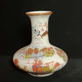 陶瓷家居中式摆件清乾隆年制粉彩十八罗汉扁花瓶古董古玩旧货瓷器