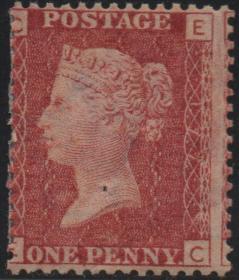 英国古典邮票，177版EC位置红便士，新，维多利亚女王、皇冠水印