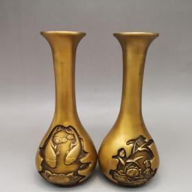 铜花瓶纯铜富贵有余鱼花瓶一对花瓶铜器摆件仿古中式家居装饰品