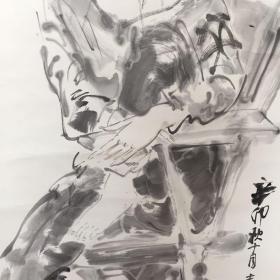 张志中-人物肖像画【坐在椅子上的女人-速写】（卷轴尺寸：长220cm  宽81cm  托心：长136.5cm  宽63.5cm)  轻微折痕【42】