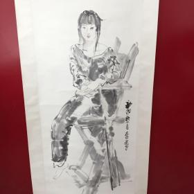 张志中-人物肖像画【坐在椅子上的女人-速写】（卷轴尺寸：长220cm  宽81cm  托心：长136.5cm  宽63.5cm)  轻微折痕【42】