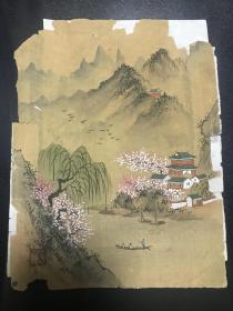 清末民初著名仿古画家 祁井西 设色山水画作，左下铭印“井西”，画工精湛，绢本托片，16*20cm