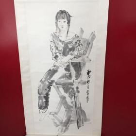 张志中-人物肖像画【坐在椅子上的女人-速写】（卷轴尺寸：长220cm  宽81cm  托心：长136.5cm  宽63.5cm)  轻微折痕【42】