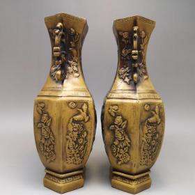 黄铜花瓶一对仿古做旧纯铜花开富贵瓶子铜花瓶客厅装饰招财摆件
