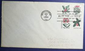 美国首日封，1964年圣诞节，花卉植物 冬青 针叶树 ，一枚价