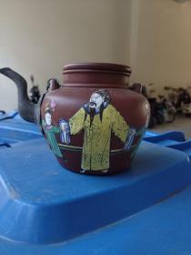 清代紫砂五彩人物茶壶一把，画工好，砂质好，寓意也好