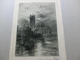 【百元包邮】原创版画《威斯敏斯特市政厅》 （THE HOUSE OF PARLIAMENT, WESTMINSTER）1902年 蚀刻版画 源自艺术日志 伦敦韦尔图公司版本（LONDON:H.VIRTUR）  纸张尺寸约31.7×23.4厘米（货号AJ1029）