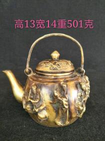 大明宣德年制老铜壶一把，做工独特，浮雕八仙人物，品相完整，包浆一流，收藏佳品