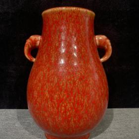 大清康熙年制象耳樽瓶霁红釉 全品 古董瓷器花瓶摆件