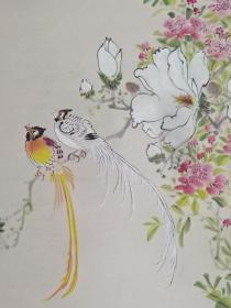 保真书画，山东老一辈画家，辛蕙伍精美花鸟画一幅，原装裱立轴，尺寸67.5×34cm。