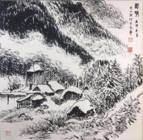 张仃《雪景山水》（1917年7月7日－2010年2月21日），号它山，中国辽宁黑山人，现代中国艺术家、教育家、清华大学教授、原中央工艺美术学院院长，中国人民政治协商会议会徽的设计者，中华人民共和国国徽设计提议者之一。1950年中华人民共和国国徽甄选阶段，其带领中央美术学院设计组设计组提出了与政协会徽类似的国徽图案以及由红星、麦穗和天安门组成的国徽图案