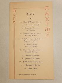 1939年 晚餐菜单！外文，硬卡纸！！