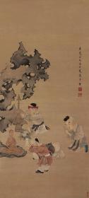 明 陈洪绶 戏婴图 68x150cm 绢本 1:1高清国画复制品