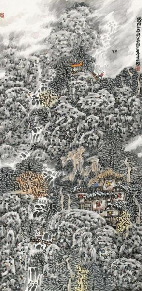 中国当代名画家谢定超（老石头）国画山水人物花鸟画《终南山野居图》原作保真