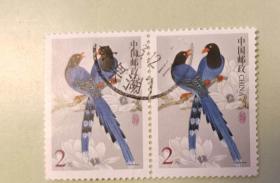 邮票 普票31 中国鸟  台湾蓝鹊  2元面值  横2联  信销票