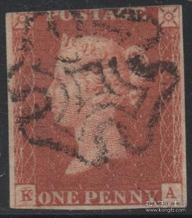 英国古典邮票，1841年红便士KA位置，维多利亚女王马耳他十字戳