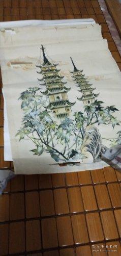 六七十年代老纸所画国画2张合售：《双塔图》《高塔飞鸟图》【尺寸（26X39）CM,，稍有破损，画面无碍，永久包真】