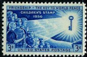 美国1956世界和平的钥匙,儿童邮票 1全新 雕刻版