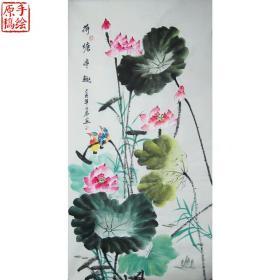 纯手绘国画荷花竖幅花鸟画中堂玄关字画原稿画心客厅装饰画未装裱